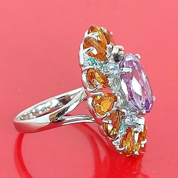 Natural Amethyst 6x4mm,‎ Citrine, Emerald 925 Sterling Silver Jewelry Ring 7.75 - Picture 6 of 12